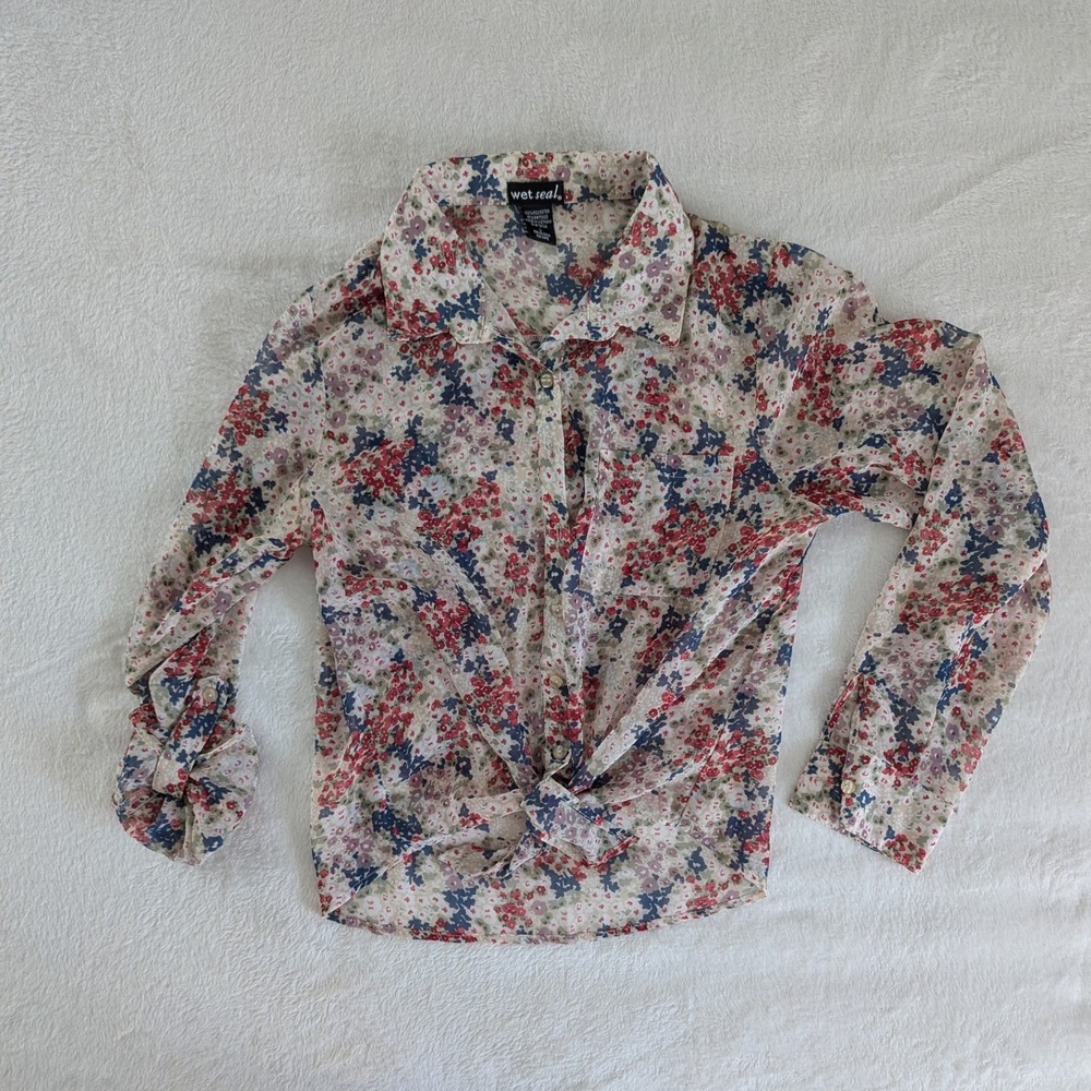 Vtg Y2K Wet Seal Floral Sheer Tie Front ‎ Blouse Button Up Long Sleeve Womens L